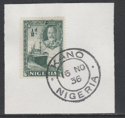 Nigeria 1936 KG5 Pictorial 1/2d green, SG 34 on piece with full strike of Madame Joseph forged postmark type 302