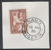 Nigeria 1936 KG5 Pictorial 1.5d brown, SG 36 on piece with full strike of Madame Joseph forged postmark type 302