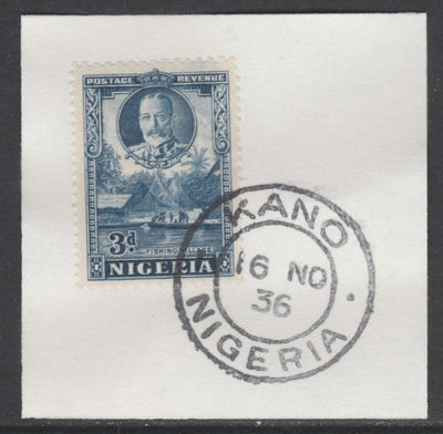 Nigeria 1936 KG5 Pictorial 3d blue, SG 38 on piece with full strike of Madame Joseph forged postmark type 302