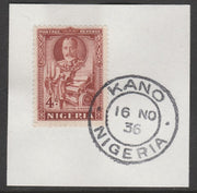 Nigeria 1936 KG5 Pictorial 4d red-brown, SG 39 on piece with full strike of Madame Joseph forged postmark type 302