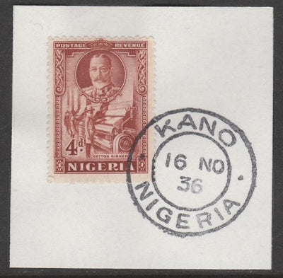 Nigeria 1936 KG5 Pictorial 4d red-brown, SG 39 on piece with full strike of Madame Joseph forged postmark type 302