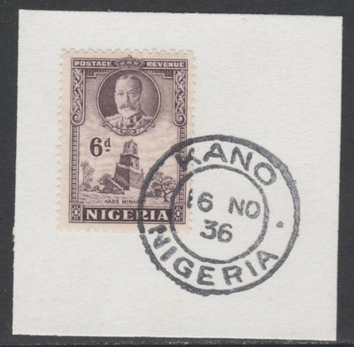 Nigeria 1936 KG5 Pictorial 6d dull violet, SG 40 on piece with full strike of Madame Joseph forged postmark type 302