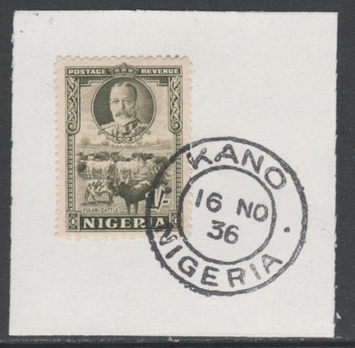 Nigeria 1936 KG5 Pictorial 1s sage green, SG 41 on piece with full strike of Madame Joseph forged postmark type 302