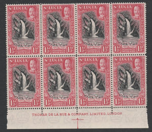 St Lucia 1936 KG5 Pictorial 1.5d black & scarlet De La Rue imprint block of 8 unmounted mint, SG 115