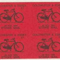 Cinderella - Great Britain 1988 Colchester & Essex £1 Strike Mail label black on red showing Bicycle and dated 28 Nov 1988 imperf proof block of 4 on ungummed paper