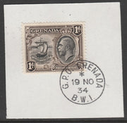 Grenada 1934-36 KG5 Pictorial 1d black & sepia P12.5 (SG 136) on piece with full strike of Madame Joseph forged postmark type 201