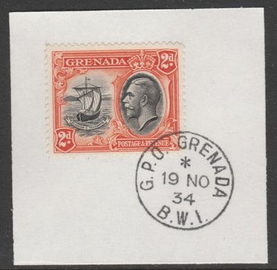 Grenada 1934-36 KG5 Pictorial 2d black & orange (SG 138) on piece with full strike of Madame Joseph forged postmark type 201