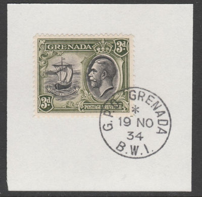 Grenada 1934-36 KG5 Pictorial 3d black & olive-green (SG 140)on piece with full strike of Madame Joseph forged postmark type 201