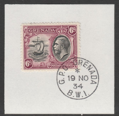 Grenada 1934-36 KG5 Pictorial 6d black & purple (SG 141) on piece with full strike of Madame Joseph forged postmark type 201