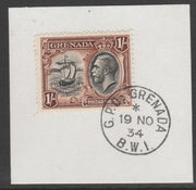 Grenada 1934-36 KG5 Pictorial 1s black & brown (SG 142) on piece with full strike of Madame Joseph forged postmark type 201