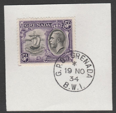 Grenada 1934-36 KG5 Pictorial 5s black & violet (SG 144) on piece with full strike of Madame Joseph forged postmark type 201