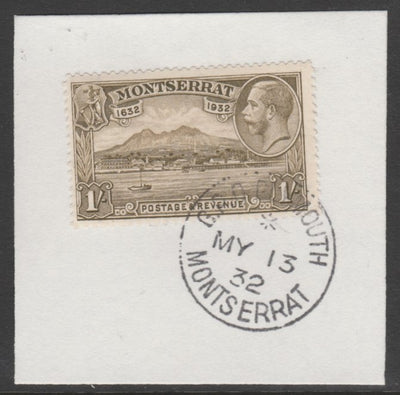 Montserrat 1932 KG5 Pictorial 1s olive-brown (SG 91) on piece with full strike of Madame Joseph forged postmark type 258