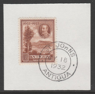 Antigua 1932 KG5 Tercentenary 1.5d brown SG 83 on piece with full strike of Madame Joseph forged postmark type 14