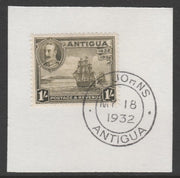 Antigua 1932 KG5 Tercentenary 1s olive-green SG 88 on piece with full strike of Madame Joseph forged postmark type 14