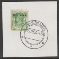 Burma 1945 Mily Admin opt on KG6 9p yellow-green SG 38 on piece with full strike of Madame Joseph forged postmark type 106