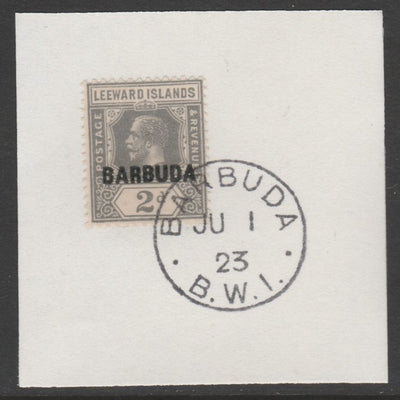 Barbuda 1922 overprint on Leeward Islands 2d grey SG 3 on piece with full strike of Madame Joseph forged postmark type 50