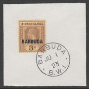 Barbuda 1922 overprint on Leeward Islands 3d purple on pale yellow SG 9 on piece with full strike of Madame Joseph forged postmark type 50