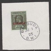 Barbuda 1922 overprint on Leeward Islands 1s black on emerald SG 10 on piece with full strike of Madame Joseph forged postmark type 50