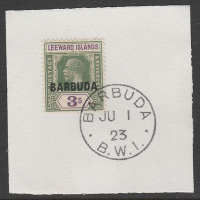 Barbuda 1922 overprint on Leeward Islands 3s bright green & violet SG 7 on piece with full strike of Madame Joseph forged postmark type 50