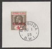 Barbuda 1922 overprint on Leeward Islands 4s black & red SG 8 on piece with full strike of Madame Joseph forged postmark type 50