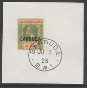 Barbuda 1922 overprint on Leeward Islands 5s green & red on yellow SG 11 on piece with full strike of Madame Joseph forged postmark type 50