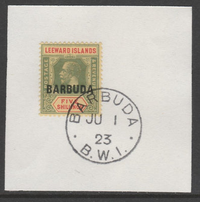 Barbuda 1922 overprint on Leeward Islands 5s green & red on yellow SG 11 on piece with full strike of Madame Joseph forged postmark type 50