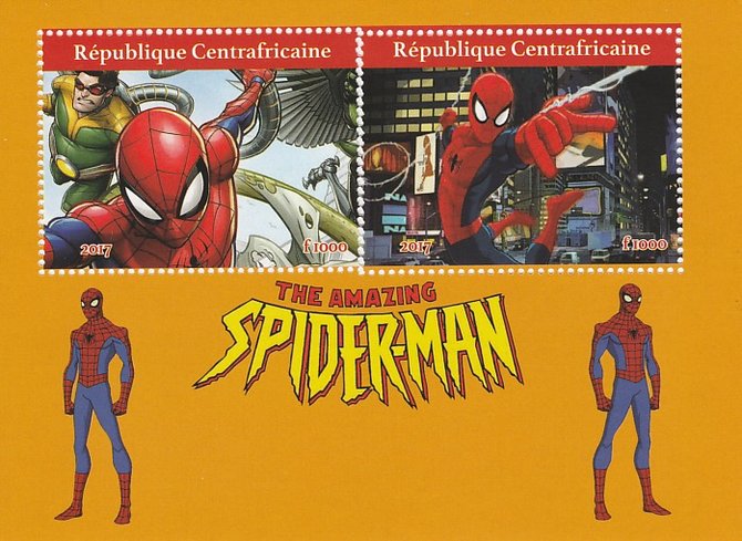 Central African Republic 2017 Spiderman perf sheetlet containing 2 values unmounted mint. Note this item is privately produced and is offered purely on its thematic appeal