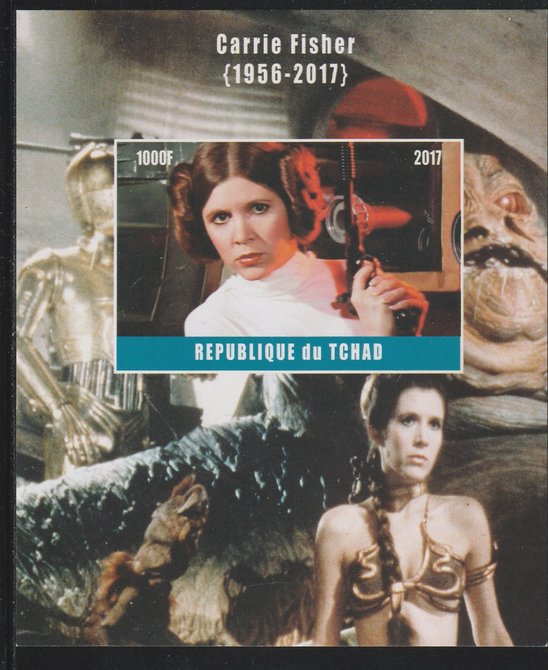 Chad 2017 Carrie Fisher imperf s/sheet containing 1 value unmounted mint. Note this item is privately produced and is offered purely on its thematic appeal. .