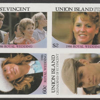 St Vincent,1986 Royal Wedding $2 in imperf block of 4 se-tenant with Union Island $2, Nevis 60c and Union Island 60c unmounted mint. From an uncut trial proof sheet of which only 10 such blocks can exist. A recent discovery never previously offered.