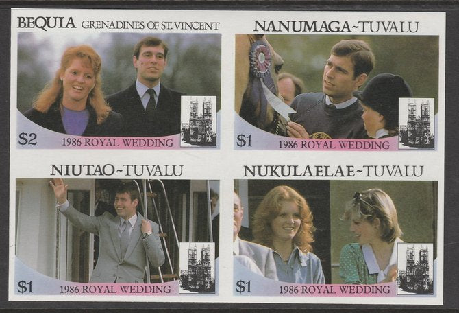 St Vincent - Bequia,1986 Royal Wedding $2 in imperf block of 4 se-tenant withNanumaga $1, Niutao $1 and Nukulaelae $1 unmounted mint. From an uncut trial proof sheet of which only 10 such blocks can exist. A recent discovery never previously offered.