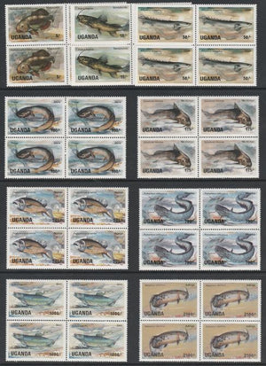 Uganda 1985 Fish set of 9 values only, each in unmounted mint blocks of 4 SG 457-60, 462-63 & 465-67