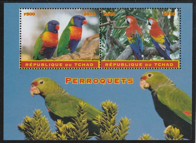 Chad 2018 Parrots perf sheetlet containing 2 values unmounted mint. Note this item is privately produced and is offered purely on its thematic appeal. .