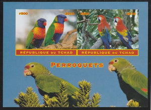 Chad 2018 Parrots imperf sheetlet containing 2 values unmounted mint. Note this item is privately produced and is offered purely on its thematic appeal. .