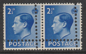 Great Britain 1936 KE8 2.5d horizontal pair with perforations doubled (stamps are quartered) unmounted mint. Note: the stamps are genuine but the additional perfs are a slightly different gauge identifying it to be a forgery.