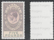 Gibraltar 1925-32 KG5 £5 violet & black 'Maryland' perf forgery 'unused', as SG 108 - the word Forgery is printed on the back and comes on a presentation card with descriptive notes.