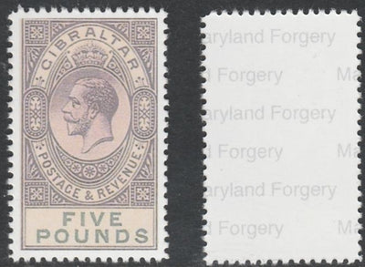 Gibraltar 1925-32 KG5 £5 violet & black 'Maryland' perf forgery 'unused', as SG 108 - the word Forgery is printed on the back and comes on a presentation card with descriptive notes.