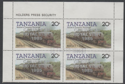 Tanzania 1985 Locomotives 20s perf block of 4 each with 'Caribbean Royal Visit 1985' opt in silver with central cds cancel for first day of issue