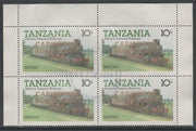 Tanzania 1985 Locomotives 10s perf block of 4 each with 'Caribbean Royal Visit 1985' opt in gold with central cds cancel for first day of issue