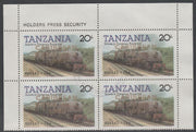 Tanzania 1985 Locomotives 20s perf block of 4 each with 'Caribbean Royal Visit 1985' opt in gold with central cds cancel for first day of issue