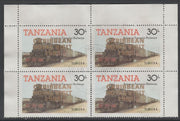 Tanzania 1985 Locomotives 30s perf block of 4 each with 'Caribbean Royal Visit 1985' opt in gold with central cds cancel for first day of issue