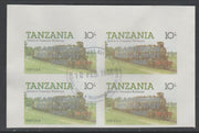 Tanzania 1985 Locomotives 10s imperf block of 4 each with 'Caribbean Royal Visit 1985' opt in silver with central cds cancel for first day of issue