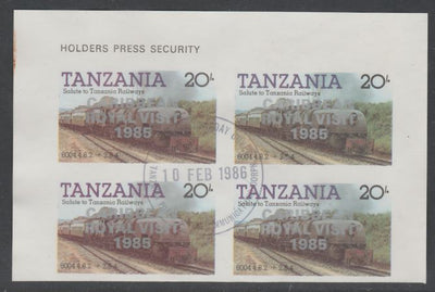 Tanzania 1985 Locomotives 20s imperf block of 4 each with 'Caribbean Royal Visit 1985' opt in silver with central cds cancel for first day of issue