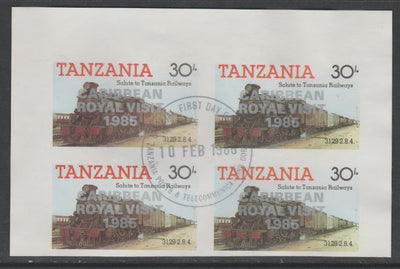 Tanzania 1985 Locomotives 30s imperf block of 4 each with 'Caribbean Royal Visit 1985' opt in silver with central cds cancel for first day of issue