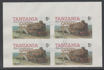 Tanzania 1985 Locomotives 5s imperf block of 4 each with 'Caribbean Royal Visit 1985' opt in gold with central cds cancel for first day of issue