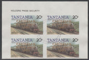 Tanzania 1985 Locomotives 20s imperf block of 4 each with 'Caribbean Royal Visit 1985' opt in gold with central cds cancel for first day of issue