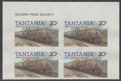 Tanzania 1985 Locomotives 20s imperf block of 4 each with 'Caribbean Royal Visit 1985' opt in gold with central cds cancel for first day of issue