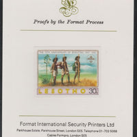 Lesotho 1982 75th Anniversary of Scouting- 30s Scouts Hiking,imperf mounted on Format International Proof Card, as SG475