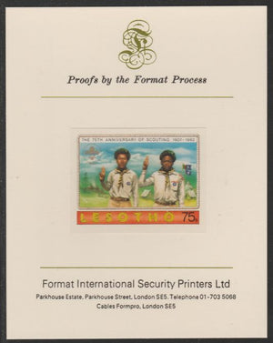 Lesotho 1982 75th Anniversary of Scouting- 75s Scouts Saluting,imperf mounted on Format International Proof Card, as SG478