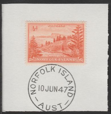 Norfolk Island 1947 Ball Bay 1/2d (SG 1) on piece with full strike of Madame Joseph forged postmark type 306