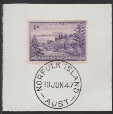 Norfolk Island 1947 Ball Bay 1d (SG 2) on piece with full strike of Madame Joseph forged postmark type 306